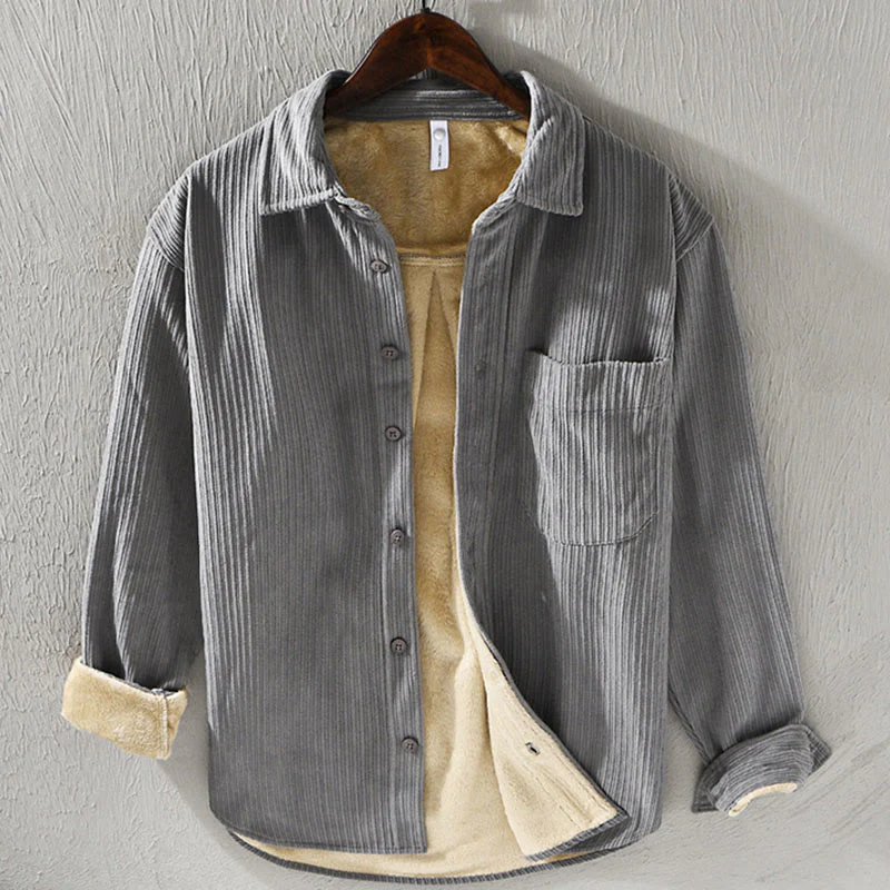 Camicia comoda in velluto a coste con fodera in pile a maniche lunghe da uomo Buddha Stones con tasca - Image 11