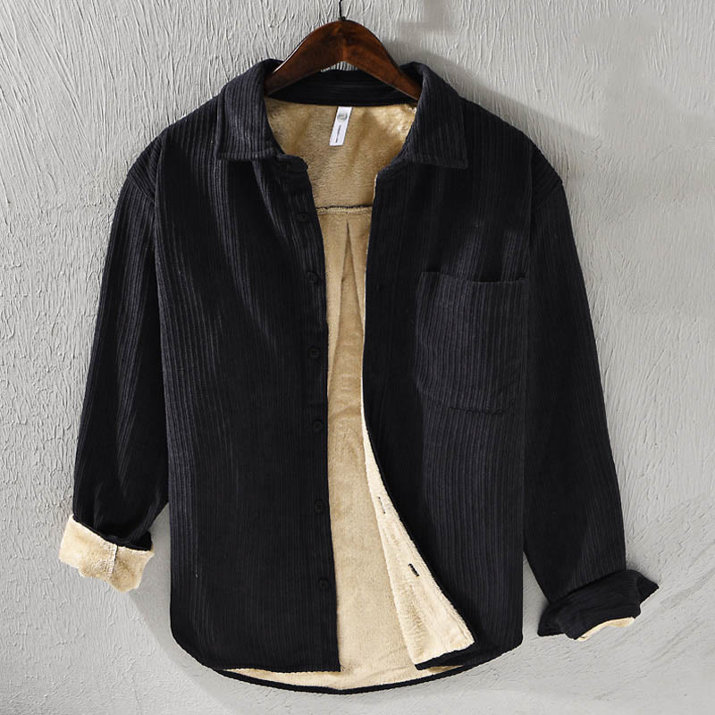 Camicia comoda in velluto a coste con fodera in pile a maniche lunghe da uomo Buddha Stones con tasca - Image 17