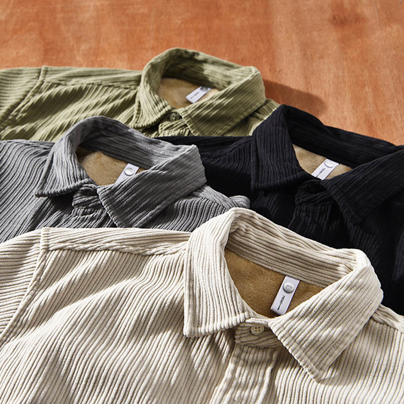 Camicia comoda in velluto a coste con fodera in pile a maniche lunghe da uomo Buddha Stones con tasca - Image 2