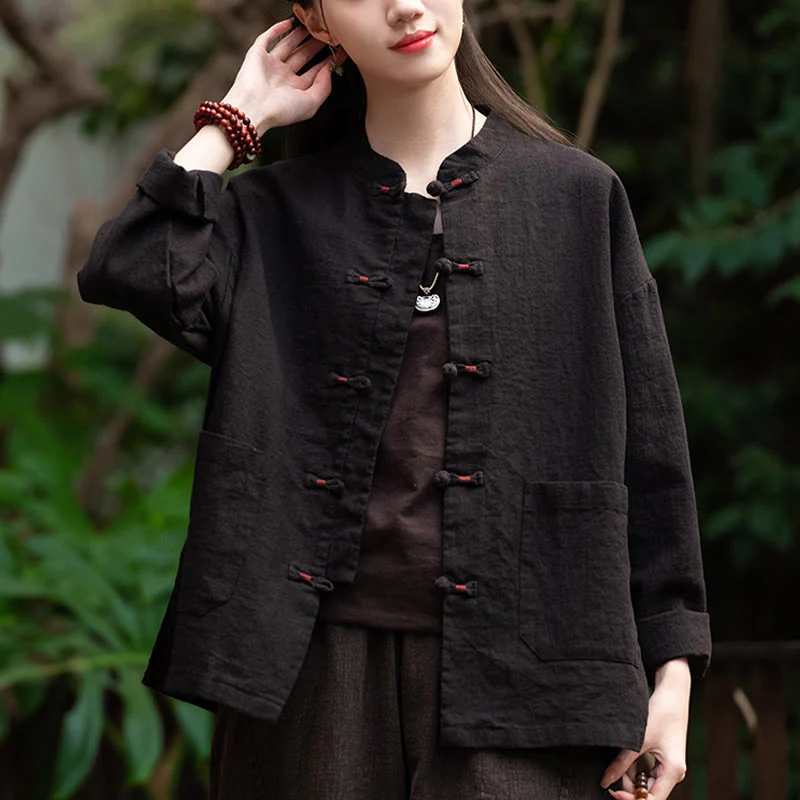 Camicia con bottoni a forma di rana Buddha Stones, abbigliamento da meditazione zen, giacca in cotone e lino - Image 18