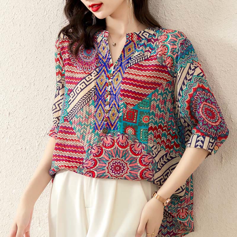 Camicia con mezza abbottonatura e mandala geometrico da donna Buddha Stones - Image 11