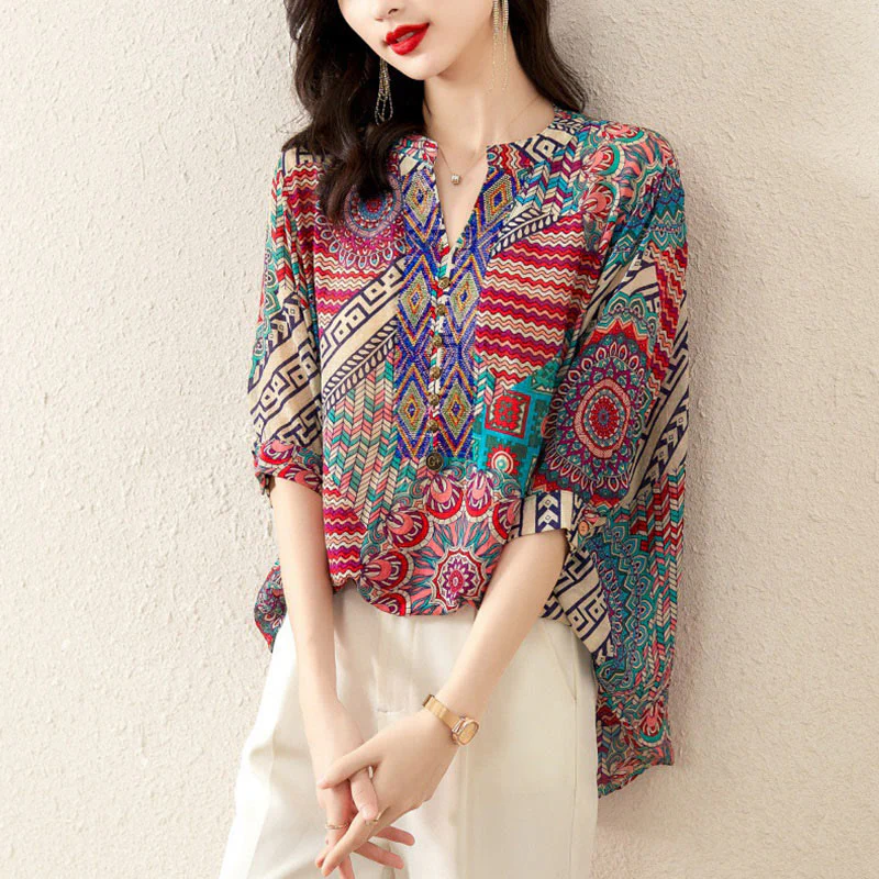 Camicia con mezza abbottonatura e mandala geometrico da donna Buddha Stones - Image 12