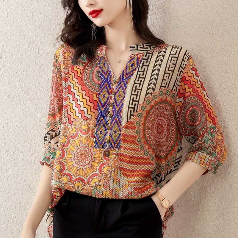 Camicia con mezza abbottonatura e mandala geometrico da donna Buddha Stones - Image 13