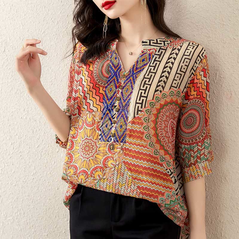 Camicia con mezza abbottonatura e mandala geometrico da donna Buddha Stones - Image 15