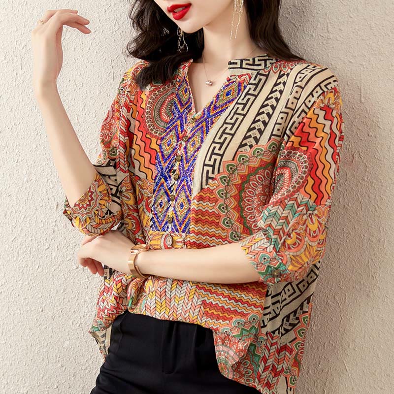 Camicia con mezza abbottonatura e mandala geometrico da donna Buddha Stones - Image 21