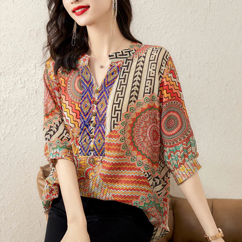 Camicia con mezza abbottonatura e mandala geometrico da donna Buddha Stones - Image 23
