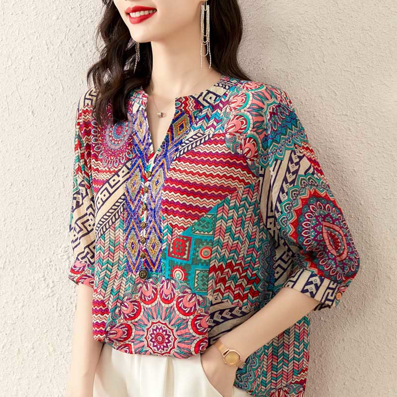 Camicia con mezza abbottonatura e mandala geometrico da donna Buddha Stones - Image 3