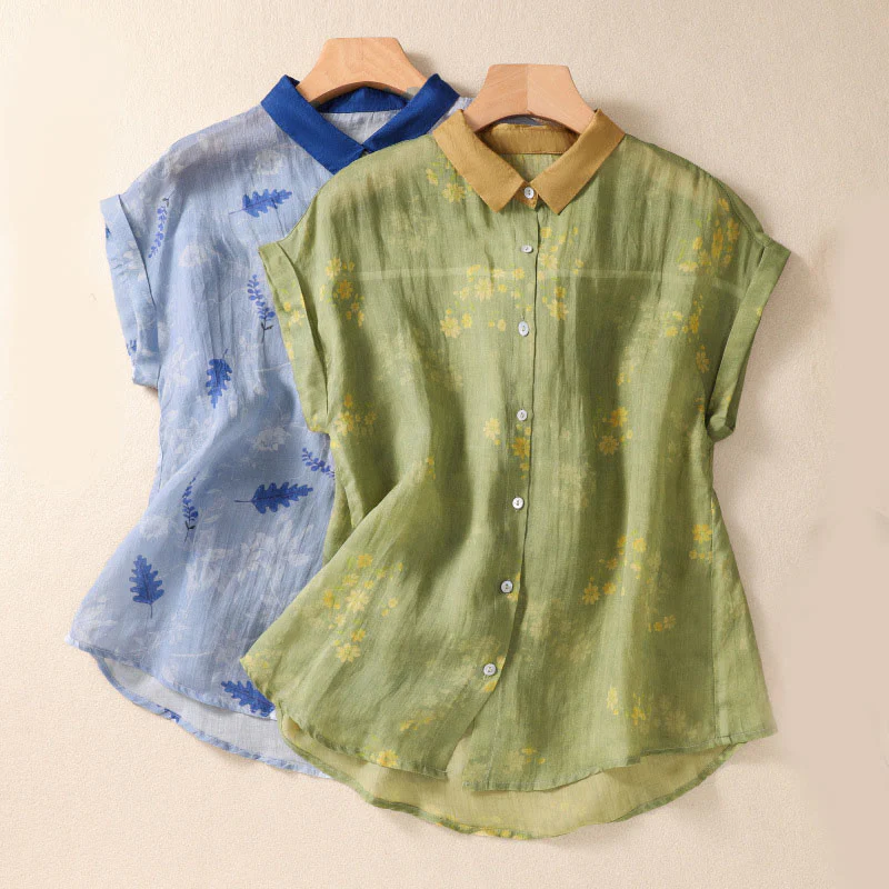 Camicia da donna a maniche corte con bottoni, piccoli fiori gialli e pietre Buddha Stones - Image 2