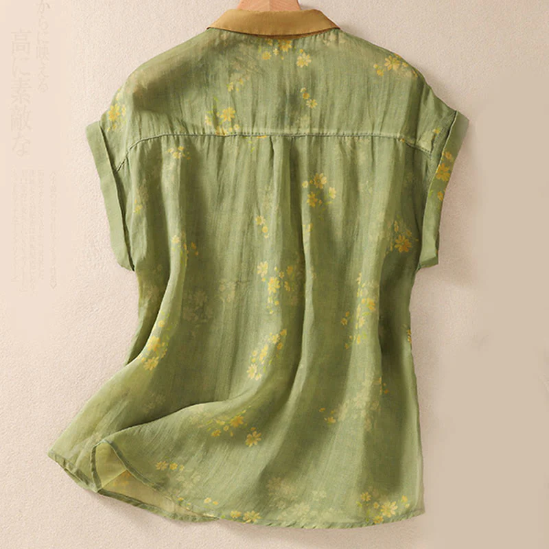 Camicia da donna a maniche corte con bottoni, piccoli fiori gialli e pietre Buddha Stones - Image 3
