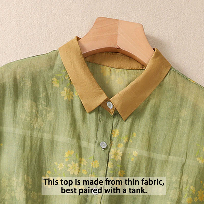 Camicia da donna a maniche corte con bottoni, piccoli fiori gialli e pietre Buddha Stones - Image 4