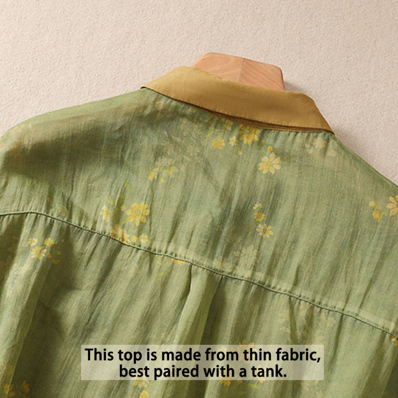 Camicia da donna a maniche corte con bottoni, piccoli fiori gialli e pietre Buddha Stones - Image 5