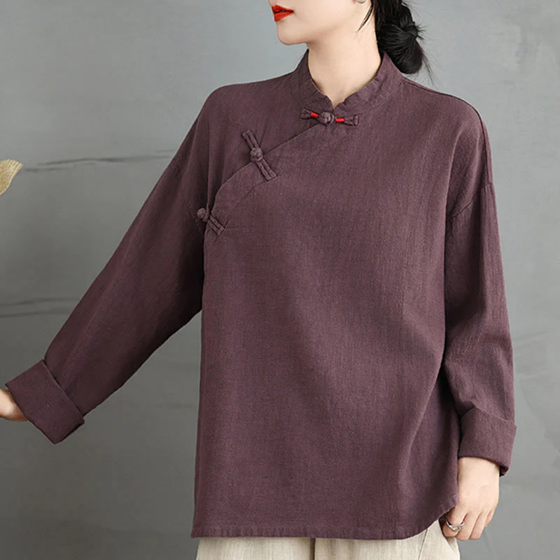 Camicia da donna a maniche lunghe con bottoni a rana e tinta unita Buddha Stones - Image 15