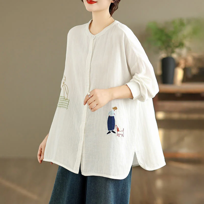 Camicia da donna a maniche lunghe con bottoni, scollo tondo, ricamo autunnale Buddha Stones, figura umana e motivo a cane - Image 14