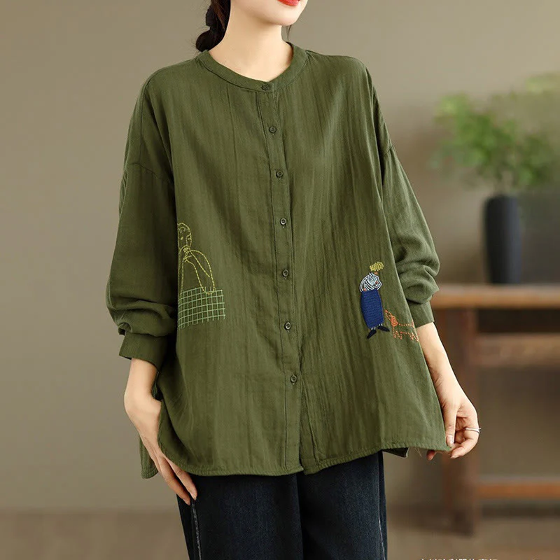 Camicia da donna a maniche lunghe con bottoni, scollo tondo, ricamo autunnale Buddha Stones, figura umana e motivo a cane - Image 21