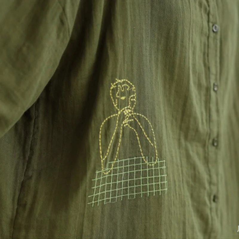 Camicia da donna a maniche lunghe con bottoni, scollo tondo, ricamo autunnale Buddha Stones, figura umana e motivo a cane - Image 32