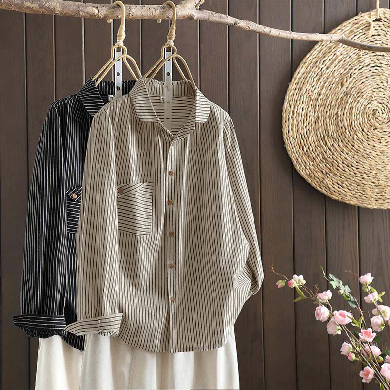 Camicia da donna a maniche lunghe con colletto rialzato, bottoni e tasca, motivo a righe autunnali Buddha Stones