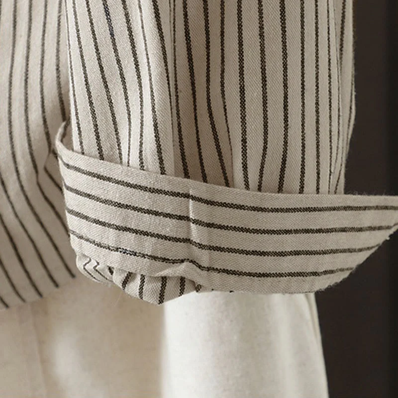 Camicia da donna a maniche lunghe con colletto rialzato, bottoni e tasca, motivo a righe autunnali Buddha Stones - Image 10