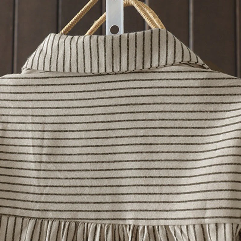 Camicia da donna a maniche lunghe con colletto rialzato, bottoni e tasca, motivo a righe autunnali Buddha Stones - Image 13