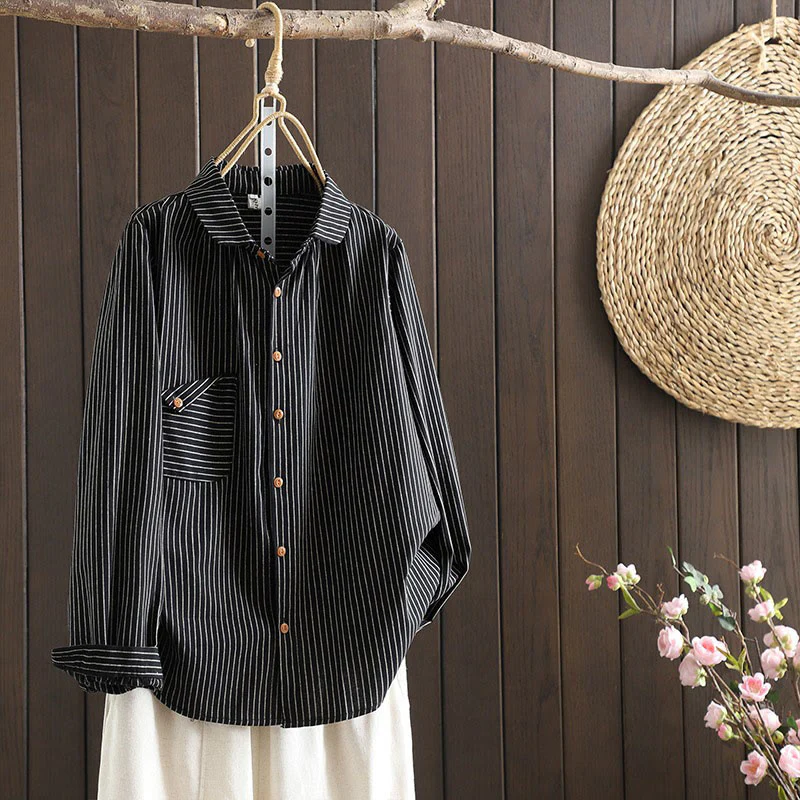Camicia da donna a maniche lunghe con colletto rialzato, bottoni e tasca, motivo a righe autunnali Buddha Stones - Image 14