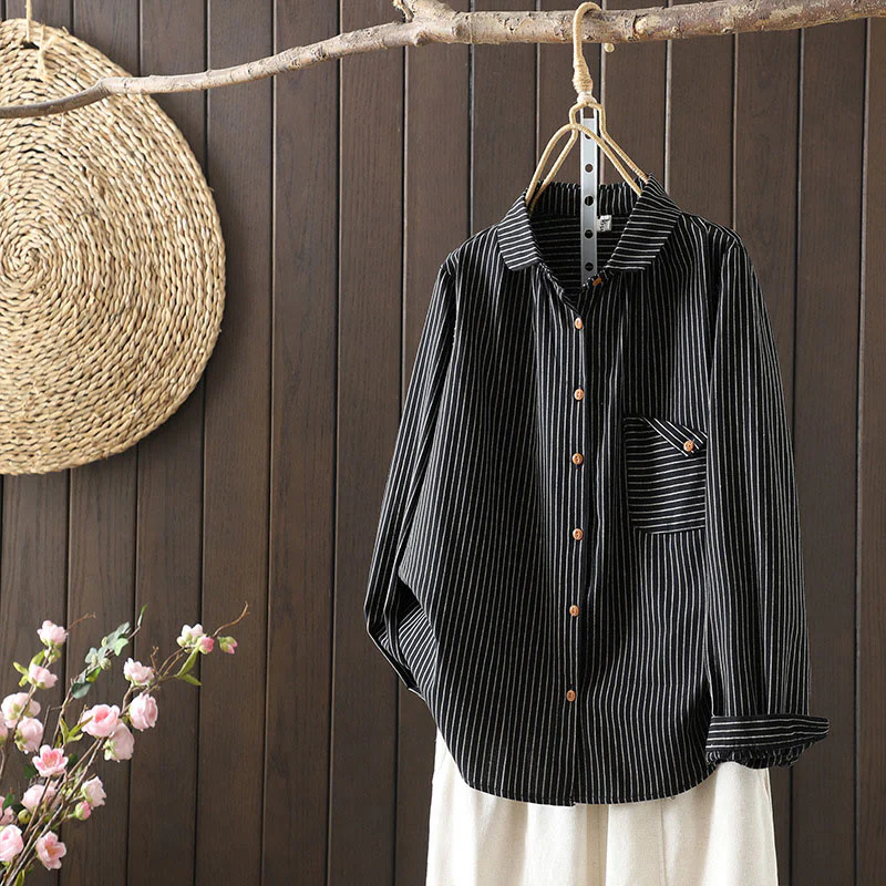 Camicia da donna a maniche lunghe con colletto rialzato, bottoni e tasca, motivo a righe autunnali Buddha Stones - Image 15