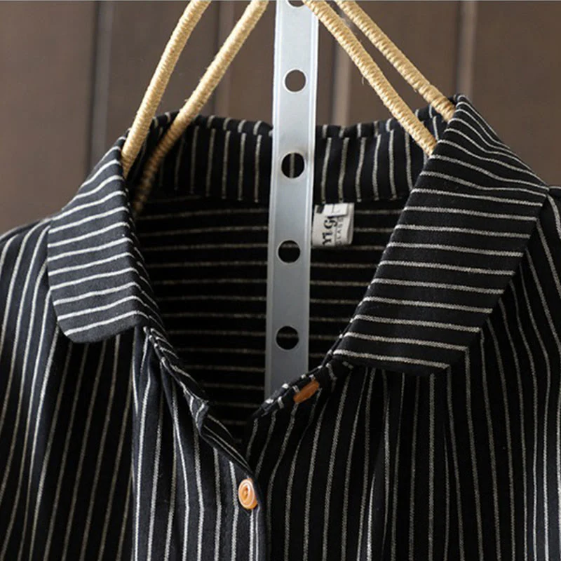 Camicia da donna a maniche lunghe con colletto rialzato, bottoni e tasca, motivo a righe autunnali Buddha Stones - Image 16
