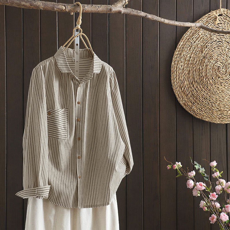 Camicia da donna a maniche lunghe con colletto rialzato, bottoni e tasca, motivo a righe autunnali Buddha Stones - Image 2