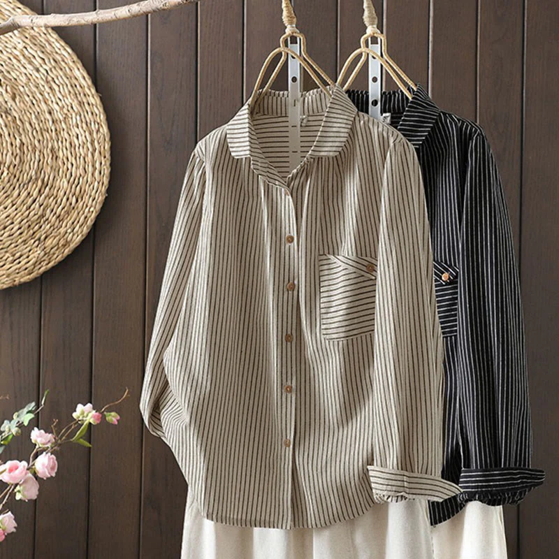 Camicia da donna a maniche lunghe con colletto rialzato, bottoni e tasca, motivo a righe autunnali Buddha Stones - Image 21