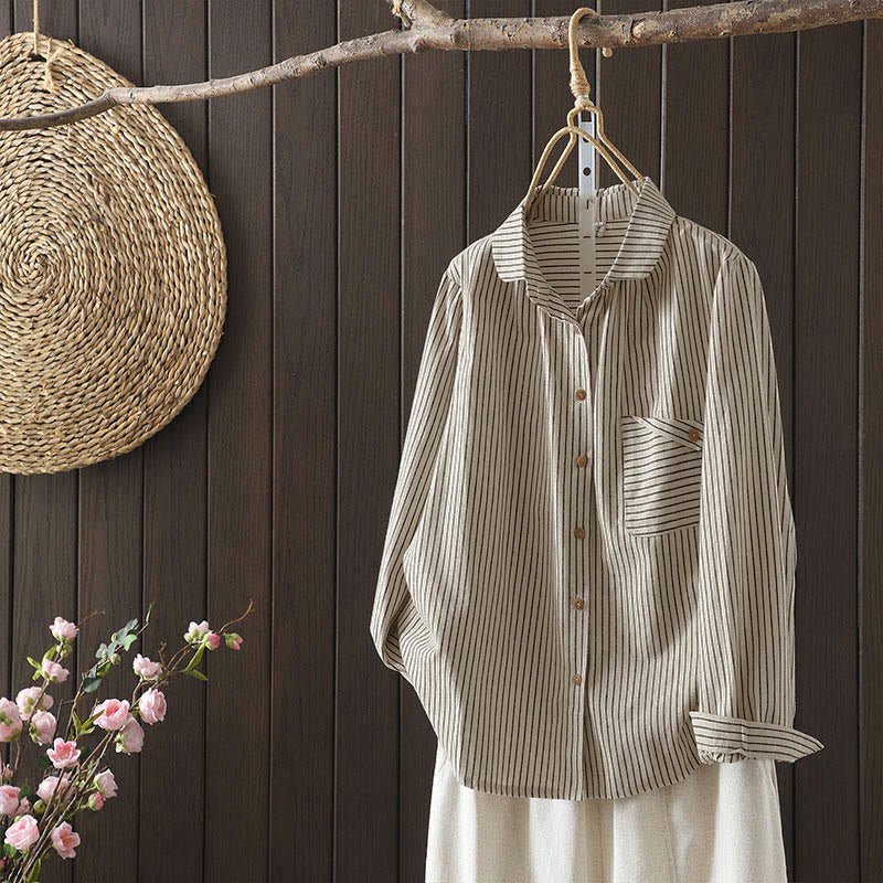 Camicia da donna a maniche lunghe con colletto rialzato, bottoni e tasca, motivo a righe autunnali Buddha Stones - Image 3