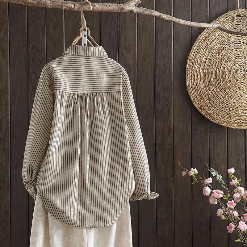 Camicia da donna a maniche lunghe con colletto rialzato, bottoni e tasca, motivo a righe autunnali Buddha Stones - Image 4
