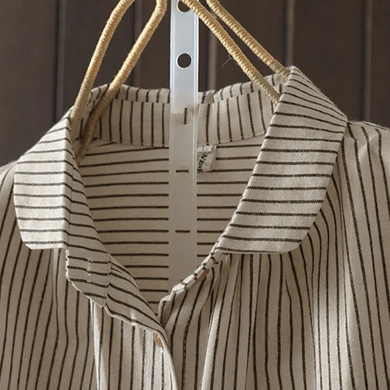 Camicia da donna a maniche lunghe con colletto rialzato, bottoni e tasca, motivo a righe autunnali Buddha Stones - Image 6
