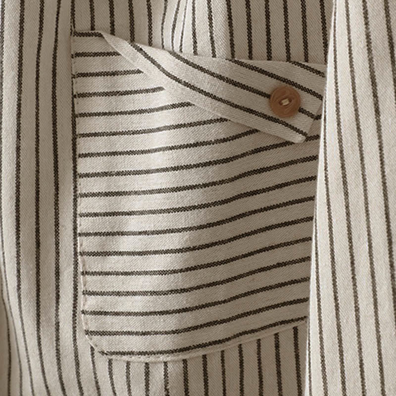Camicia da donna a maniche lunghe con colletto rialzato, bottoni e tasca, motivo a righe autunnali Buddha Stones - Image 8