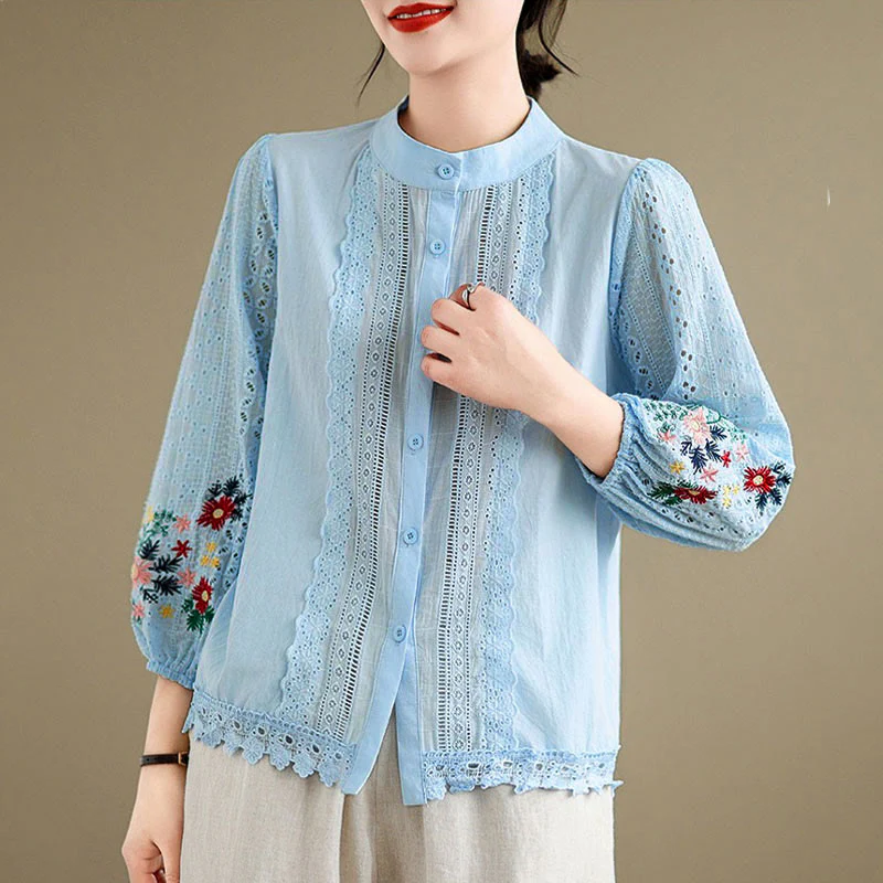 Camicia da donna a maniche lunghe con colletto rialzato, bottoni, motivo a foglie e ricami in pizzo autunnale Buddha Stones
