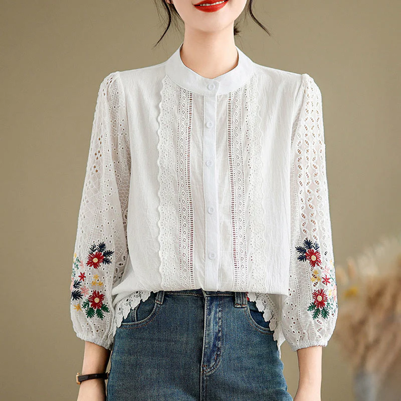 Camicia da donna a maniche lunghe con colletto rialzato, bottoni, motivo a foglie e ricami in pizzo autunnale Buddha Stones - Image 10