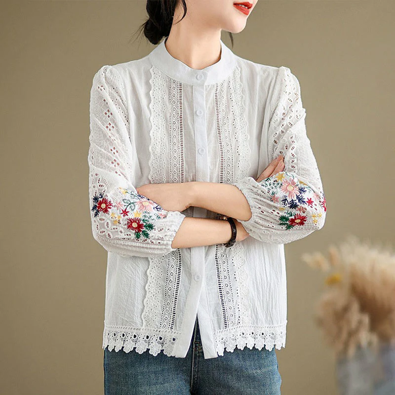 Camicia da donna a maniche lunghe con colletto rialzato, bottoni, motivo a foglie e ricami in pizzo autunnale Buddha Stones - Image 11