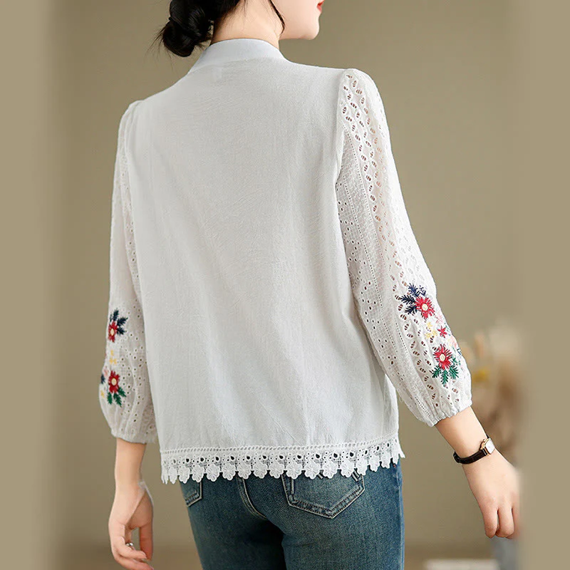 Camicia da donna a maniche lunghe con colletto rialzato, bottoni, motivo a foglie e ricami in pizzo autunnale Buddha Stones - Image 12