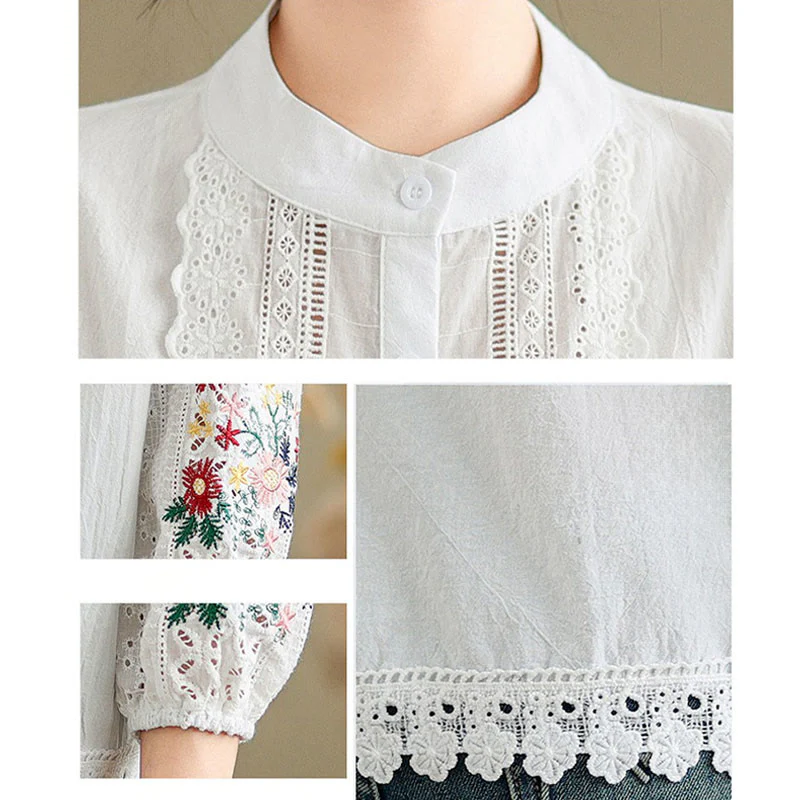 Camicia da donna a maniche lunghe con colletto rialzato, bottoni, motivo a foglie e ricami in pizzo autunnale Buddha Stones - Image 13