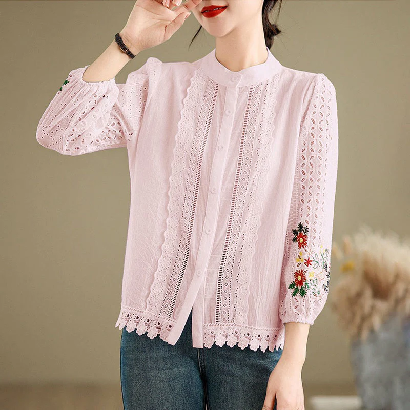 Camicia da donna a maniche lunghe con colletto rialzato, bottoni, motivo a foglie e ricami in pizzo autunnale Buddha Stones - Image 14