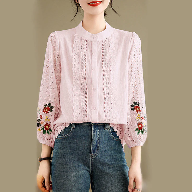 Camicia da donna a maniche lunghe con colletto rialzato, bottoni, motivo a foglie e ricami in pizzo autunnale Buddha Stones - Image 15