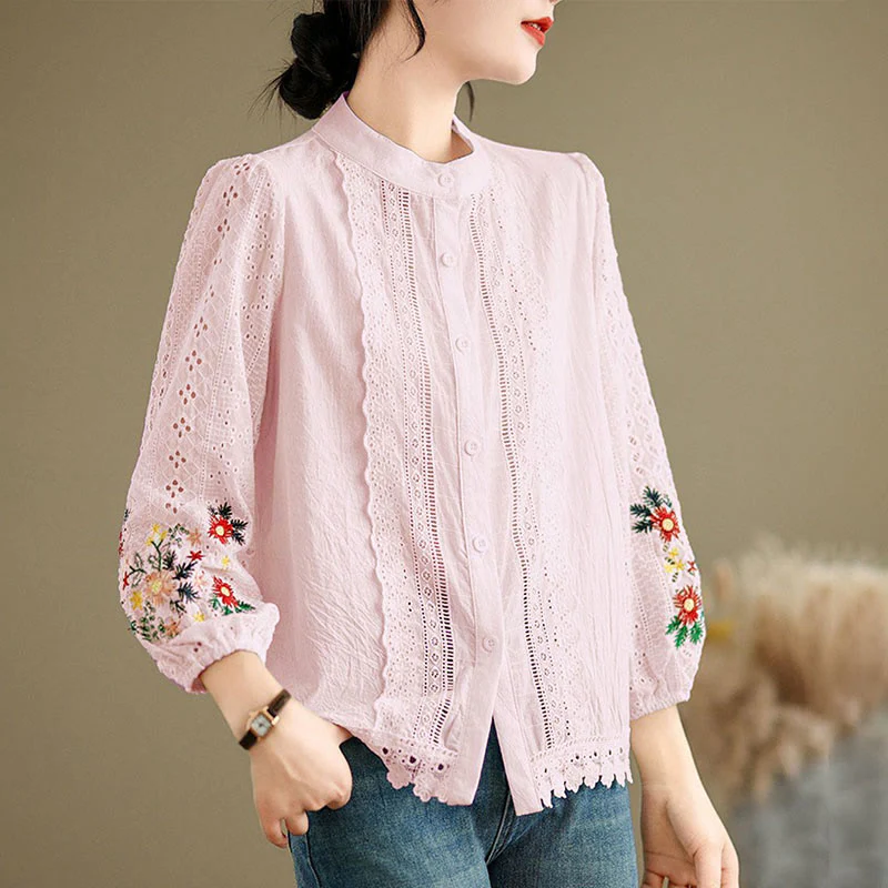 Camicia da donna a maniche lunghe con colletto rialzato, bottoni, motivo a foglie e ricami in pizzo autunnale Buddha Stones - Image 16