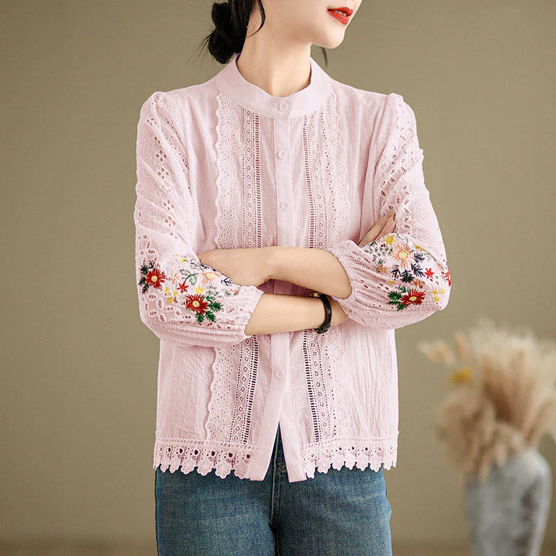 Camicia da donna a maniche lunghe con colletto rialzato, bottoni, motivo a foglie e ricami in pizzo autunnale Buddha Stones - Image 17