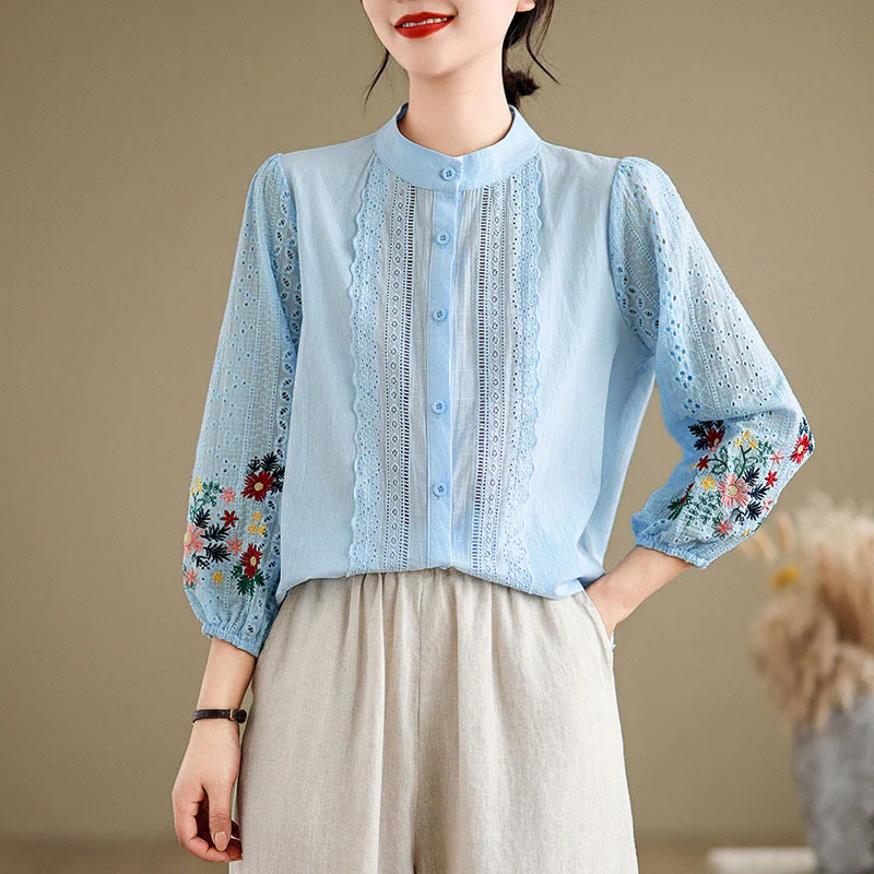 Camicia da donna a maniche lunghe con colletto rialzato, bottoni, motivo a foglie e ricami in pizzo autunnale Buddha Stones - Image 2
