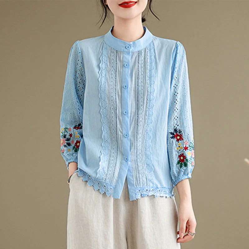 Camicia da donna a maniche lunghe con colletto rialzato, bottoni, motivo a foglie e ricami in pizzo autunnale Buddha Stones - Image 3