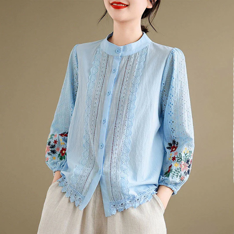 Camicia da donna a maniche lunghe con colletto rialzato, bottoni, motivo a foglie e ricami in pizzo autunnale Buddha Stones - Image 4