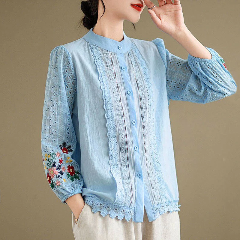 Camicia da donna a maniche lunghe con colletto rialzato, bottoni, motivo a foglie e ricami in pizzo autunnale Buddha Stones - Image 5