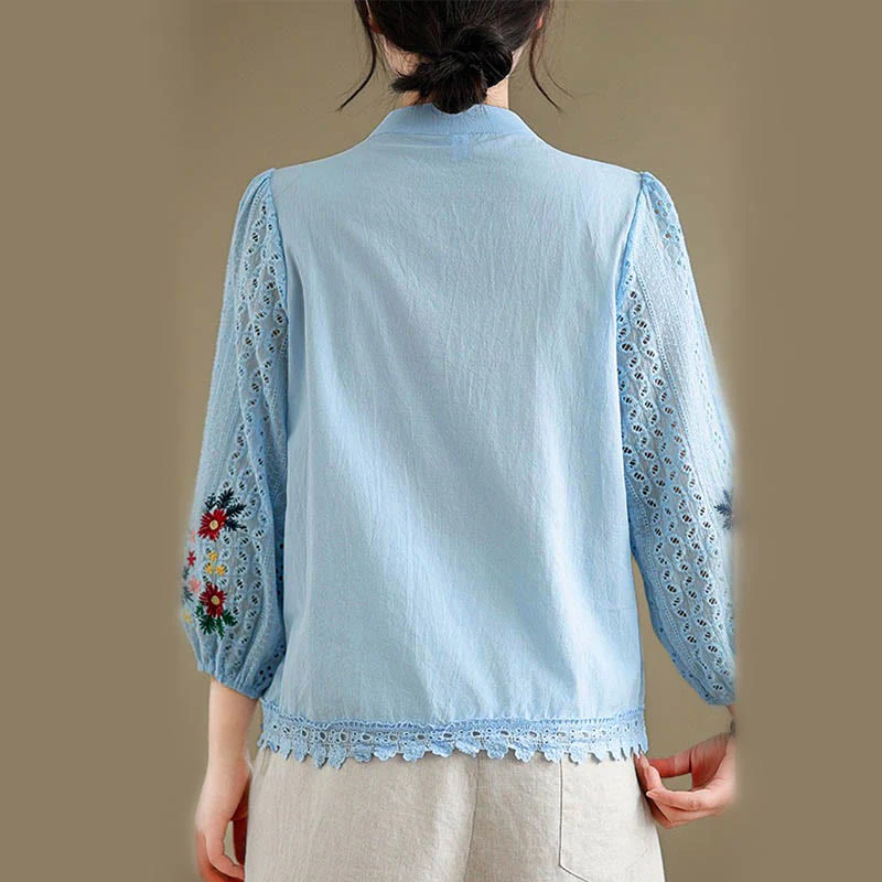 Camicia da donna a maniche lunghe con colletto rialzato, bottoni, motivo a foglie e ricami in pizzo autunnale Buddha Stones - Image 6