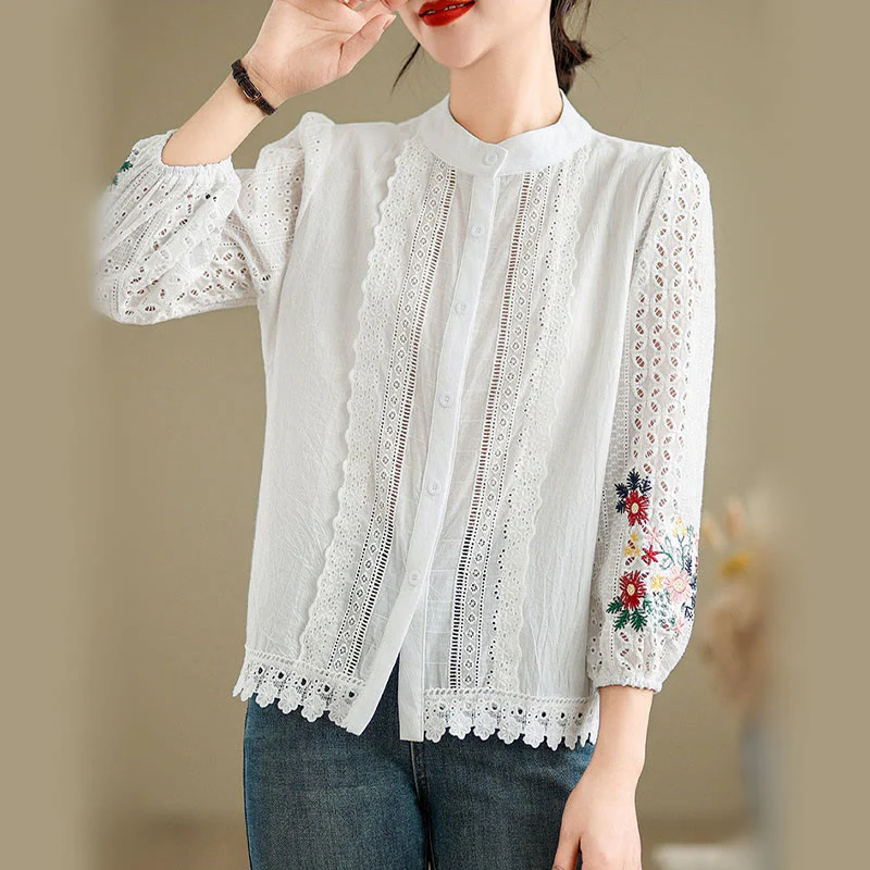 Camicia da donna a maniche lunghe con colletto rialzato, bottoni, motivo a foglie e ricami in pizzo autunnale Buddha Stones - Image 7
