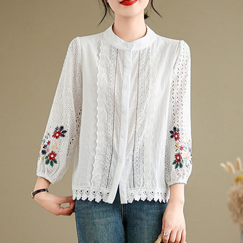 Camicia da donna a maniche lunghe con colletto rialzato, bottoni, motivo a foglie e ricami in pizzo autunnale Buddha Stones - Image 8
