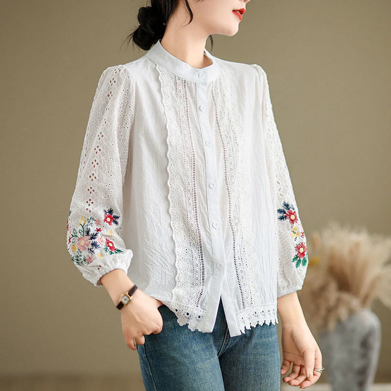Camicia da donna a maniche lunghe con colletto rialzato, bottoni, motivo a foglie e ricami in pizzo autunnale Buddha Stones - Image 9