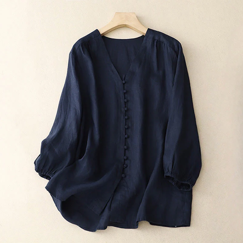 Camicia da donna a maniche lunghe in cotone e lino con scollo a V Buddha Stones - Image 10