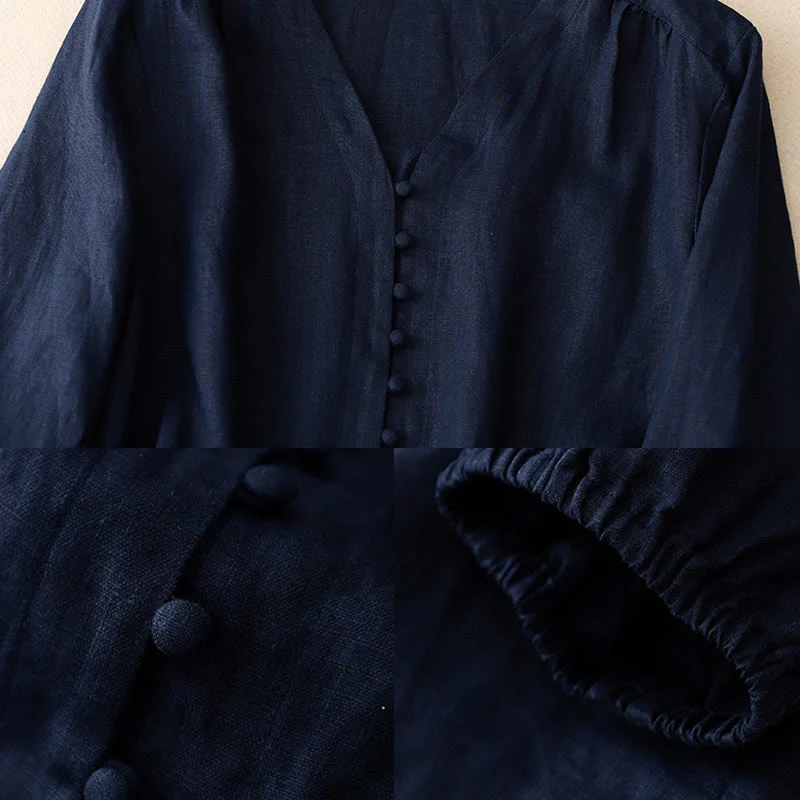 Camicia da donna a maniche lunghe in cotone e lino con scollo a V Buddha Stones - Image 13